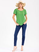 WOMEN'S SHORT DETAILED SLEEVE HIGH-LOW SOLID BLOUSE