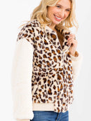 WOMEN'S LONG SLEEVE ZIP UP FRONT POCKETS ANIMAL PRINT SHERPA JACKET