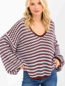 WOMEN'S LONG SLEEVE V-NECK COLORBLOCK OVERSIZED PULLOVER SWEATER