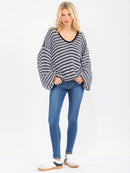 WOMEN'S LONG SLEEVE V-NECK COLORBLOCK OVERSIZED PULLOVER SWEATER