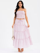 WOMEN'S SMOCK CROP TOP & ELASTIC WAIST MAXI SKIRT TIERED PLAID 2PC. SET