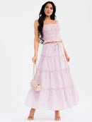 WOMEN'S SMOCK CROP TOP & ELASTIC WAIST MAXI SKIRT TIERED PLAID 2PC. SET