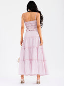 WOMEN'S SMOCK CROP TOP & ELASTIC WAIST MAXI SKIRT TIERED PLAID 2PC. SET