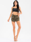 WOMEN'S BUTTON CLOSURE POCKETS STRETCH DENIM MINI SKORT