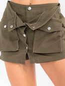 WOMEN'S BUTTON CLOSURE POCKETS STRETCH DENIM MINI SKORT