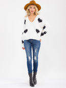 WOMEN'S LONG SLEEVE V-NECK HEART PRINT KNIT PULLOVER SWEATER