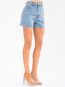 WOMEN'S BUTTON CLOSURE POCKETS DENIM PEARL DETAILED MINI SHORTS