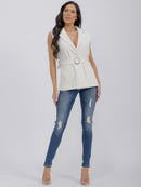 WOMEN'S SLEEVELESS OPEN FRONT POCKETS BELTED DENIM VEST