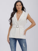 WOMEN'S SLEEVELESS OPEN FRONT POCKETS BELTED DENIM VEST