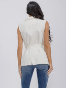 WOMEN'S SLEEVELESS OPEN FRONT POCKETS BELTED DENIM VEST