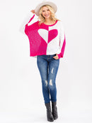 WOMEN'S LONG SLEEVE COLORBLOCK HEART PRINT KNIT PULLOVER SWEATER