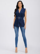WOMEN'S SLEEVELESS OPEN FRONT POCKETS BELTED DENIM VEST