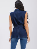 WOMEN'S SLEEVELESS OPEN FRONT POCKETS BELTED DENIM VEST