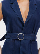 WOMEN'S SLEEVELESS OPEN FRONT POCKETS BELTED DENIM VEST