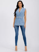WOMEN'S SLEEVELESS OPEN FRONT POCKETS BELTED DENIM VEST