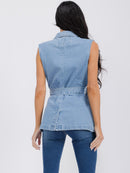 WOMEN'S SLEEVELESS OPEN FRONT POCKETS BELTED DENIM VEST