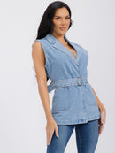 WOMEN'S SLEEVELESS OPEN FRONT POCKETS BELTED DENIM VEST