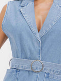 WOMEN'S SLEEVELESS OPEN FRONT POCKETS BELTED DENIM VEST