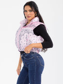 WOMEN'S SLEEVELESS ZIP UP FRONT POCKETS MULTI PRINT PUFFER VEST