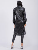 WOMEN'S LONG SLEEVE BUTTON CLOSURE FRONT POCKETS PU PLEATHER COAT