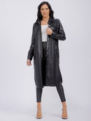 WOMEN'S LONG SLEEVE BUTTON CLOSURE FRONT POCKETS PU PLEATHER COAT