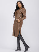 WOMEN'S LONG SLEEVE BUTTON CLOSURE FRONT POCKETS PU PLEATHER COAT