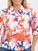 PLUS SIZE SHORT SLEEVE BUTTON UP GRAPHIC HIGH-LOW BLOUSE