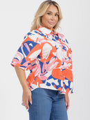 PLUS SIZE SHORT SLEEVE BUTTON UP GRAPHIC HIGH-LOW BLOUSE
