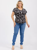 PLUS SIZE SHORT SLEEVE V-NECK GRAPHIC HIGH-LOW BLOUSE
