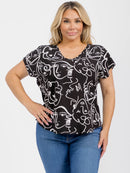 PLUS SIZE SHORT SLEEVE V-NECK GRAPHIC HIGH-LOW BLOUSE