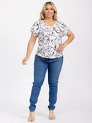 PLUS SIZE SHORT SLEEVE V-NECK GRAPHIC HIGH-LOW BLOUSE