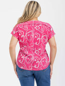 PLUS SIZE SHORT SLEEVE V-NECK GRAPHIC HIGH-LOW BLOUSE