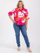 PLUS SIZE SHORT SLEEVE BUTTON UP GRAPHIC HIGH-LOW BLOUSE