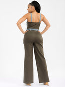 WOMEN'S SLEEVELESS ZIP UP POCKETS DENIM CONTRAST WIDE LEG JUMPSUIT