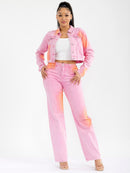 WOMEN'S LONG SLEEVE JACKET & BUTTON CLOSURE PANTS TIE DYE DENIM 2PC. SET
