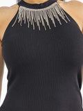 WOMEN'S SLEEVELESS HALTER NECK RIBBED STUDS FRINGE DETAILED BODYCON MINI DRESS