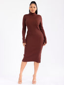 WOMEN'S LONG SLEEVE TURTLE NECK BUTTONS DETAILED RIBBED BODYCON MIDI DRESS