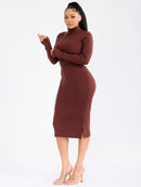 WOMEN'S LONG SLEEVE TURTLE NECK BUTTONS DETAILED RIBBED BODYCON MIDI DRESS