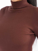 WOMEN'S LONG SLEEVE TURTLE NECK BUTTONS DETAILED RIBBED BODYCON MIDI DRESS