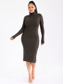 WOMEN'S LONG SLEEVE TURTLE NECK BUTTONS DETAILED RIBBED BODYCON MIDI DRESS