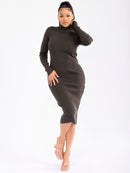 WOMEN'S LONG SLEEVE TURTLE NECK BUTTONS DETAILED RIBBED BODYCON MIDI DRESS