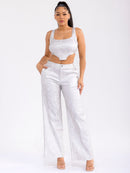 WOMEN'S SLEEVELESS CROP TOP & BUTTON CLOSURE PANTS PU PLEATHER 2PC. SET