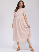 WOMEN'S SHORT SLEEVE ELASTIC WAIST FRONT POCKETS RIBBED MAXI DRESS