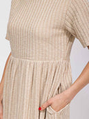 WOMEN'S SHORT SLEEVE ELASTIC WAIST FRONT POCKETS RIBBED MAXI DRESS