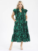 PLUS SIZE SHORT SLEEVE BUTTON UP FRONT POCKETS MULTI PRINT MAXI DRESS