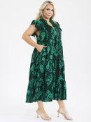 PLUS SIZE SHORT SLEEVE BUTTON UP FRONT POCKETS MULTI PRINT MAXI DRESS