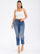 WOMEN'S BUTTON CLOSURE DISTRESS STRETCH DENIM STRAIGHT LEG JEANS