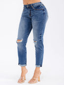 WOMEN'S BUTTON CLOSURE DISTRESS STRETCH DENIM STRAIGHT LEG JEANS