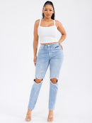 WOMEN'S BUTTON CLOSURE DISTRESS STRETCH DENIM STRAIGHT LEG JEANS