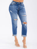 WOMEN'S BUTTON CLOSURE DISTRESS STRETCH DENIM JEANS